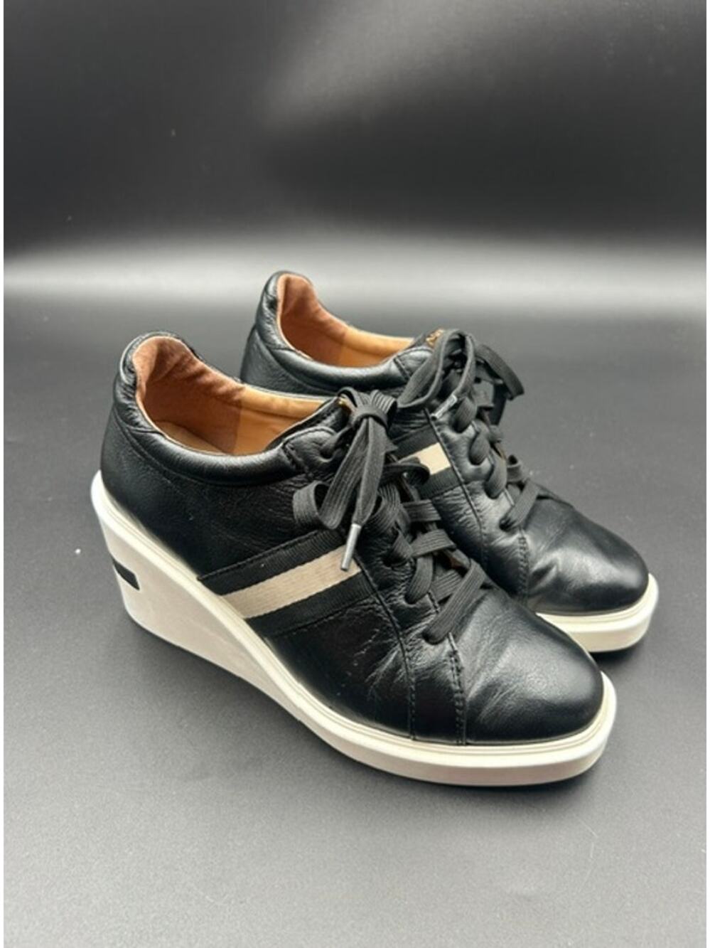 Linea Paolo Black Leather Platform Wedge Sneakers Sz 6 Lace Up Comfort Shoes